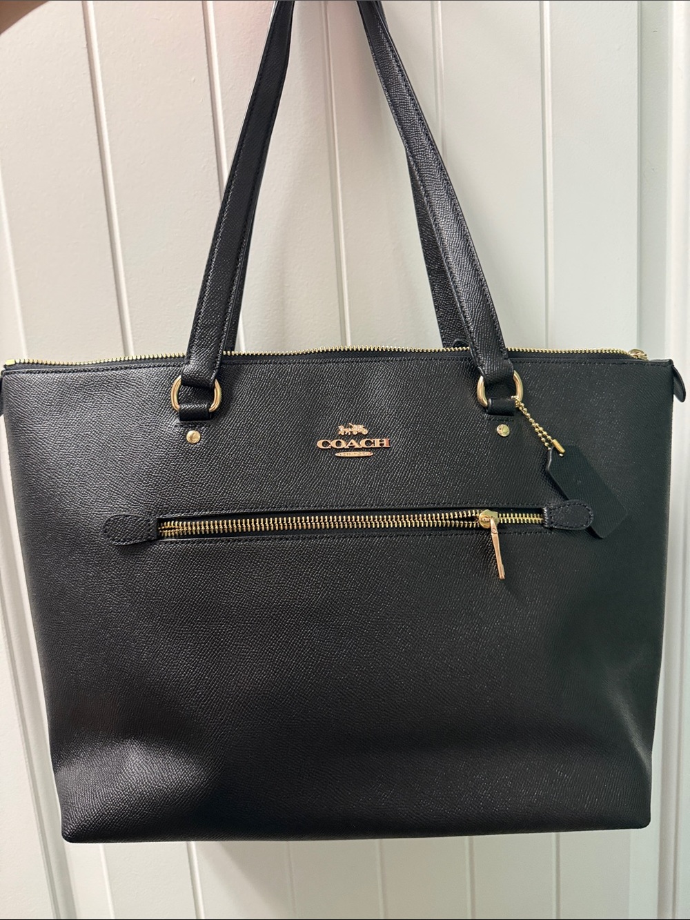 Coach Black Leather Zip-Front Tote with Gold Accents
